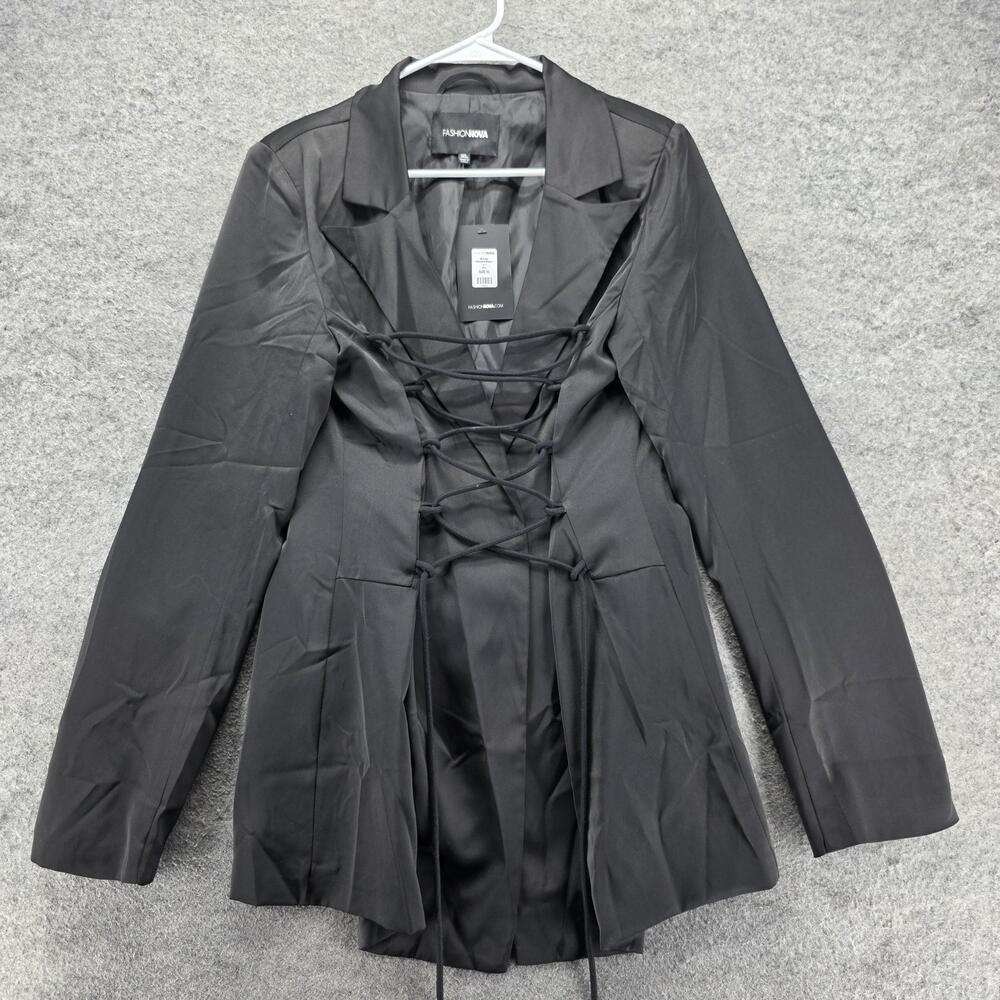 Fashion Nova Blazer Womens XL Black Strings Attached Lace Up Corset Lined Slim